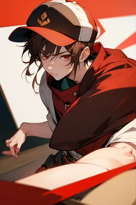 masterpiece, best quality, photorealistic, 1boy, solo, male focus, looking at viewer, , , anime coloring, , anya_kudou, brown hair, red eyes, , snapback, ,
