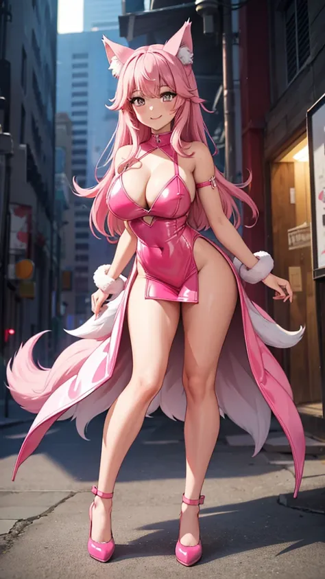 Happy , with wolf ears and pink hair, holding her cheeks, wolf tail, wearing a latex dress, looking at veiwer, full body, you can see her chest, naked breasts