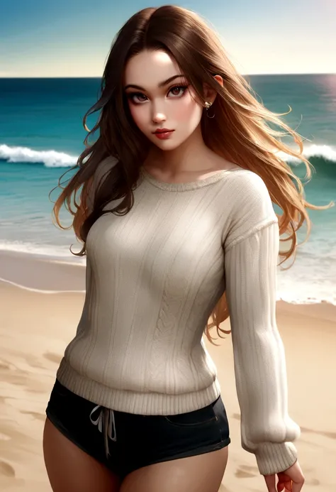 1girl in, age 20, Square face, Long hair, Looking at Viewer, jewelry, Realistic, A sexy, sweater outfits, multicolored outfits, beach background, free pose