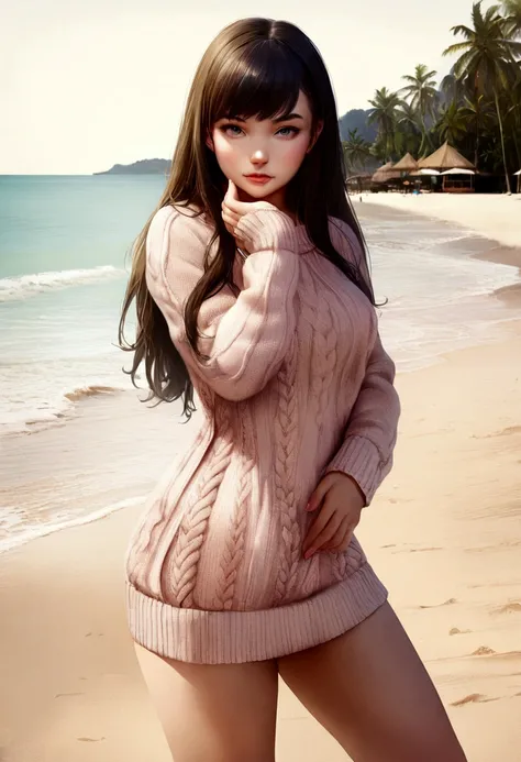 1girl in, age 20, Square face, Long hair, Looking at Viewer, jewelry, Realistic, A sexy, sweater outfits, multicolored outfits, beach background, free pose