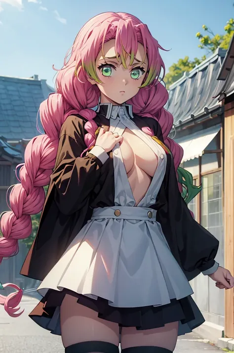 (masterpiece:1.3), (best quality:1.1), (8k, ultra detailed, ultra high res:1.2), ((anime style)), perfect 5 fingers, perfect anatomy, 
1girl,
Mitsuri Kanroji, 
BREAK long hair, pigtail braids, 
pink hair, 
green eyes, 
large breasts,  
BREAK black shirt, b...