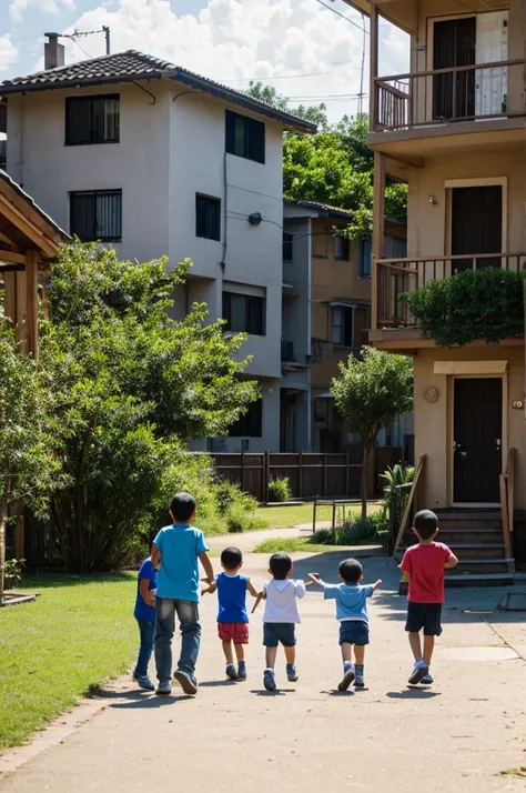 neighborhood, humble, communicative, united, with children playing, happy 