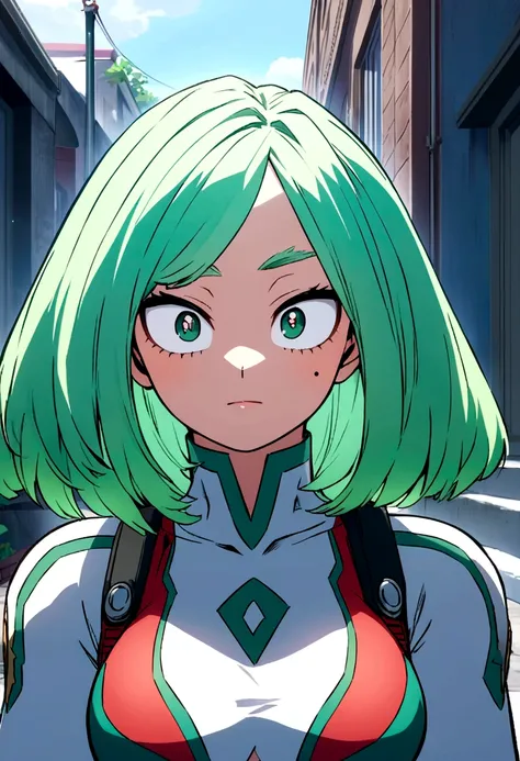 Screenshot of boku no hero academia. cute girl with light green hair green eyes. large eyes.and a mole on the cheek 