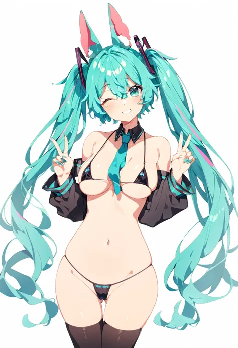 hatsune_miku absurdres commentary highres symbol-only_commentary 1girl aqua_bikini aqua_eyes aqua_hair aqua_nails aqua_necktie between_breasts bikini black_sleeves black_thighhighs borrowed_design breasts collar_bikini_miku_(meme) cowboy_shot cropped_legs ...