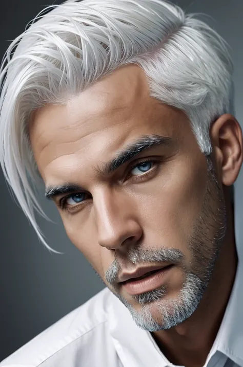 Man with white hair looking straight ahead with a band full of diamonds on his head