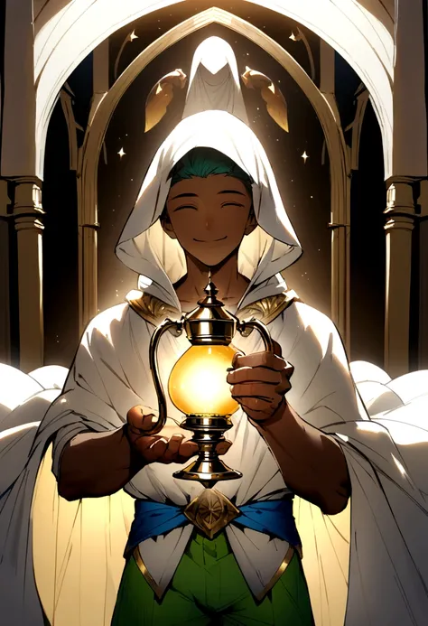 The man covered his head with a white cloak, with a blue bow in the middle, a white t-shirt inside, green shorts, holding a magic lamp, smiling.