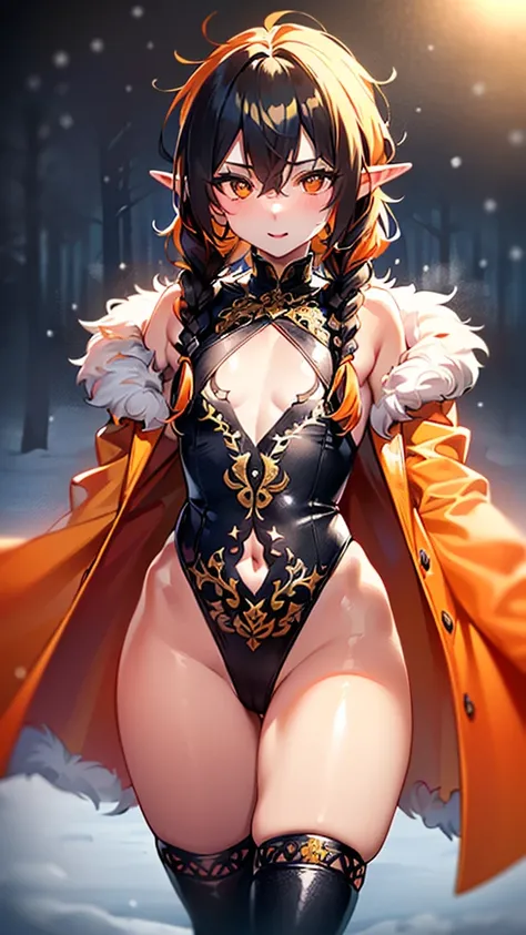 cute  elf,(((little ,tiny little body,little))),(((6 years old))),((anime elf  with extremely cute and beautiful orange hair)), (((elf))), (((elf ears))),

(((flat chest))),((((black hair:1.35,messy orange hair,long hair,huge braids,colored inner hair,ear ...