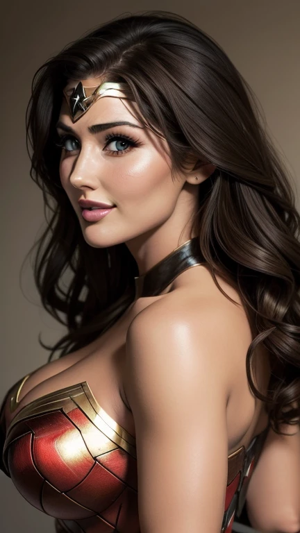 lucy pinder, face portrait, smiling, very intense makeup, back, beautiful buttocks, sexy, wonder woman