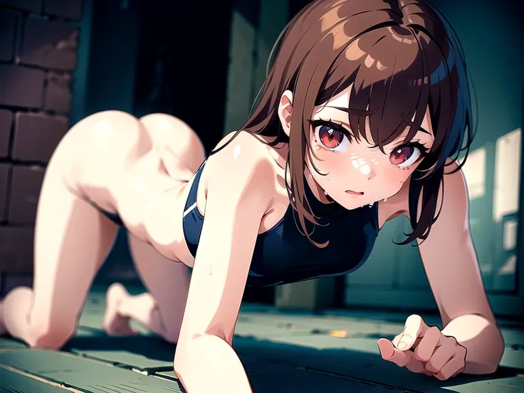 A single girl wearing a thin swimsuit. The girl is on all fours, with her bottom facing towards the viewer. Her bottom is red from being spanked. She has slightly light brown bobbed hair. The girls face has a cute appearance with a slightly tearful express...