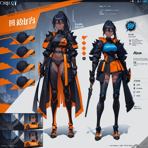 3 girl, ((Dark Skin)), (Blue eyes), Black hair with Ponytail and Orange Highlights, Black Overcoat, ((black and orange armor)), (((Game concept art)))