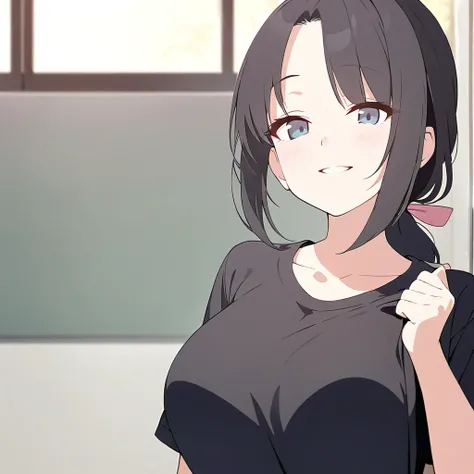 masterpiece, Highest quality, One girl, short ponytail、black hair、T-Shirts,gentle smile、Very sexy、upper body,from front,busty