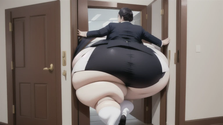 masterpiece, 1girl behind a doorway, from front, (doorstuck, stuckfront:1.3), huge hips, round belly, thick thighs, colorful clothing, wearing suit and tie and formal skirt, upset, desperately trying to wiggle through, she kicks her legs franticly, view fr...