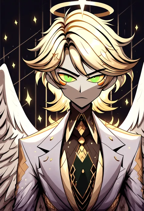 (masterpiece), best quality, expressive eyes, perfect face ,male focus, 1boy, solo, Blonde hair, medium hair, clean hair, tall, angel, heavenly host, Soldier, halo, green eyes, long sleeves, white suit, golden tie, golden shoulders, full body hazbin hotel
