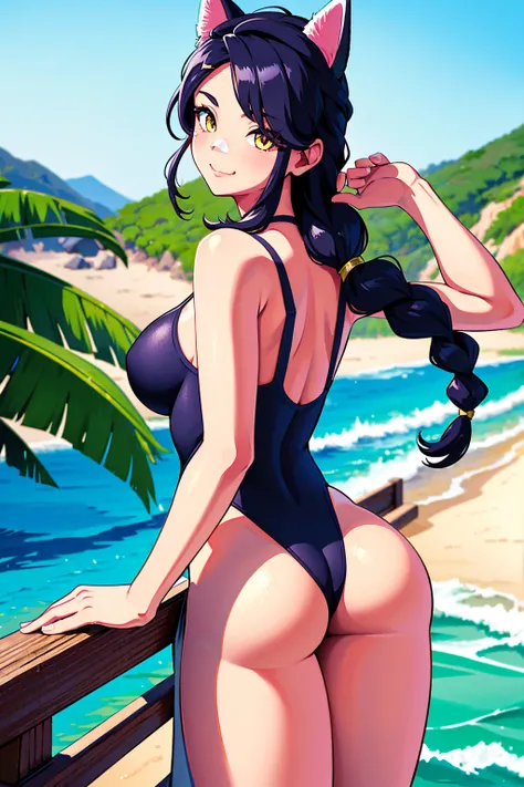 Erisa, 1girl, solo, long hair, looking at viewer, black hair, bandaid on face, yellow eyes, animal ears, smile, bandaid on nose, braid, cat ears, bandaid, bangs, breasts, fake animal ears, simple background, fang, bare shoulders, scar, bare shoulders, clos...