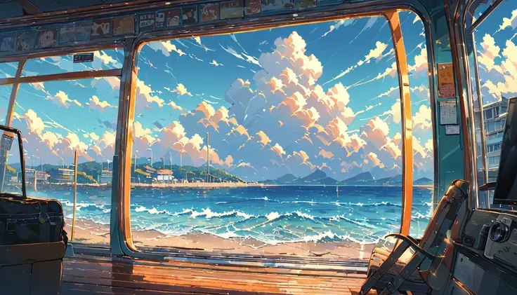 ((anime:1.4,illustration)),(masterpiece, top quality, best quality),(ultra-detailed, absolutely resolution),((16k, high res)), (((tram, seaside, blue sky, cumulonimbus cloud)) ((cozy lofi illustration:1.4)), ((anime:1.4, illustration)),(masterpiece, top qu...