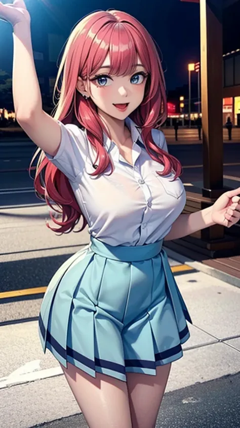 (Highest quality), (so beautiful), (Super detailed), (Best illustrations), Gal, Improve, alone, 1 dog, Rainbow Hair,Long Hair, Messy Hair, Random color eyes, Large Breasts, stripe dress shirt, Pleated skirt,Tokyo,Fancy city,Laughing with your mouth open