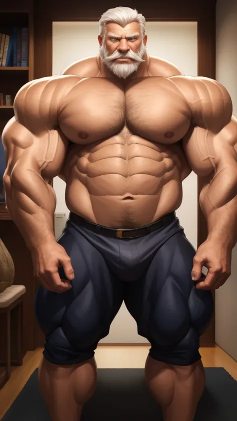 "Size comparison of 2 muscular boys and a realistic rendering of a detailed and lifelike old man in a CG, pectoral, thick arms, huge pectoral, wide pectoral, white hair, white beards,  masterpiece, semirealistic:1.2, high detailed, 8k, high resolution, per...