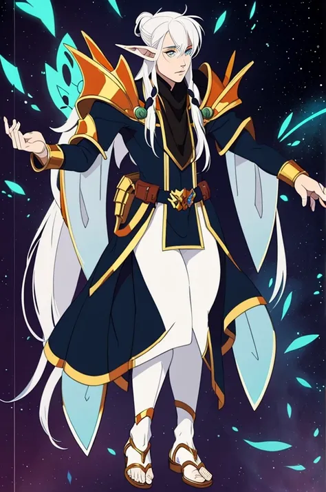 solo holy Bitchmade male elf with white hair and orange eyes and armor wearing sandals, full body.
