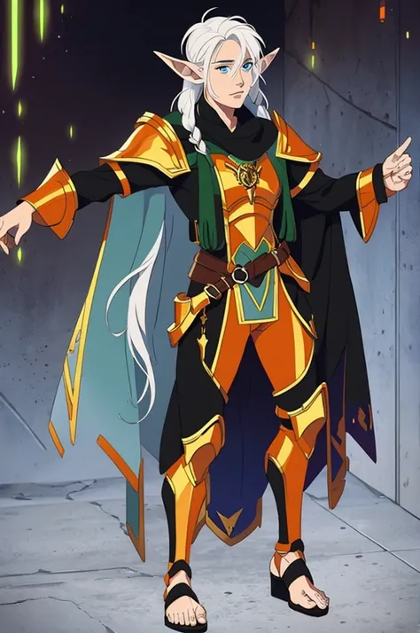 solo holy Bitchmade male elf with white hair and orange eyes and armor wearing sandals, full body.
