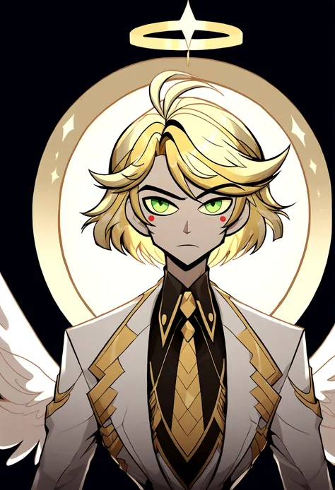 (masterpiece), best quality, expressive eyes, perfect face ,male focus, 1boy, solo, Blonde hair, medium hair, clean hair, tall, angel, heavenly host, Soldier, halo, green eyes, long sleeves, white suit, golden tie, golden shoulders, full body hazbin hotel
