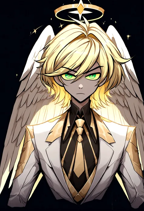 (masterpiece), best quality, expressive eyes, perfect face ,male focus, 1boy, solo, Blonde hair, medium hair, clean hair, tall, angel, heavenly host, Soldier, halo, green eyes, long sleeves, white suit, golden tie, golden shoulders, full body hazbin hotel
