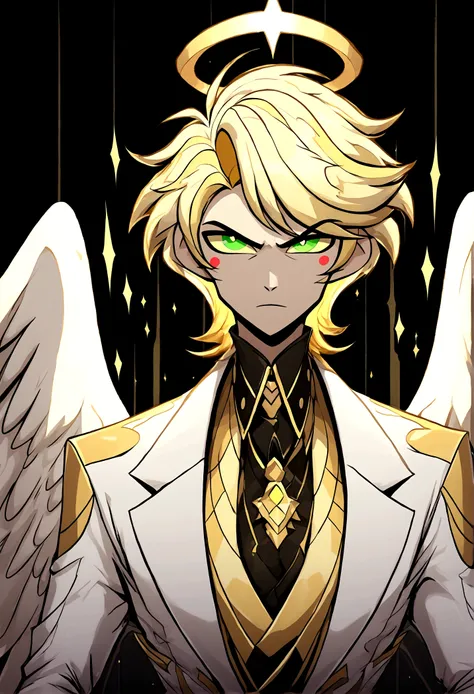 (masterpiece), best quality, expressive eyes, perfect face ,male focus, 1boy, solo, Blonde hair, medium hair, clean hair, tall, angel, heavenly host, Soldier, halo, green eyes, long sleeves, white suit, golden tie, golden shoulders, full body hazbin hotel
