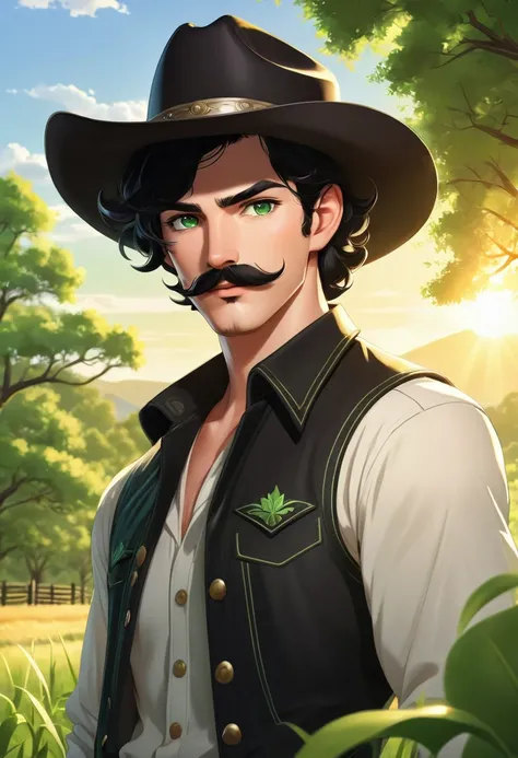 Guy young handsome, short wavy black hair, white skin, strong, dark Green eyes, cowboy hat, moustache. Illustration, anime style, glow, sun light, trees background farm scenery