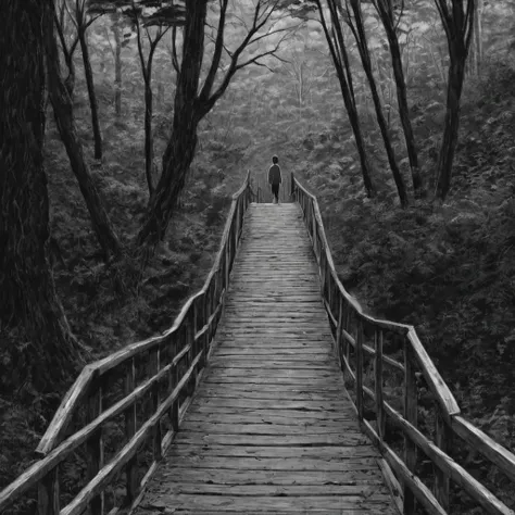 wooden bridge, forest, (anime), bizarre scenario, This is Junji, Yusuke Murata, black and white, 8K, anime, horror