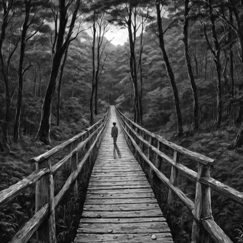 wooden bridge, forest, (anime), bizarre scenario, This is Junji, Yusuke Murata, black and white, 8K, anime, horror