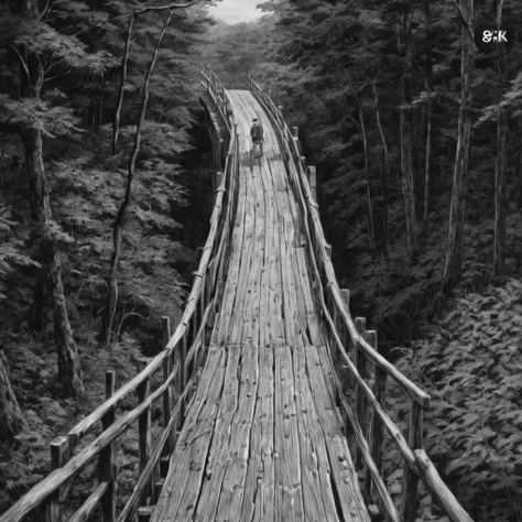 wooden bridge, forest, (anime), bizarre scenario, This is Junji, Yusuke Murata, black and white, 8K, anime, horror