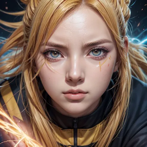 a detailed anime style illustration, 1 girl, Naruto Uzumaki and Son Goku fusion, beautiful detailed eyes, beautiful detailed lips, extremely detailed face and expression, longeyelashes, dynamicpose, intense battle scene, glowing effects, colorful energy au...