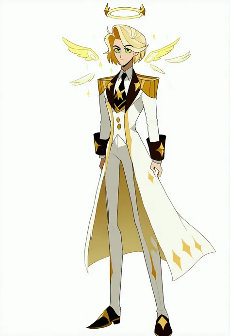 (masterpiece), best quality, expressive eyes, perfect face ,male focus, 1boy, solo, Blonde hair, medium hair, clean hair, tall, angel, heavenly host, Soldier, halo, green eyes, long sleeves, white suit, golden tie, golden shoulders, full body hazbin hotel
