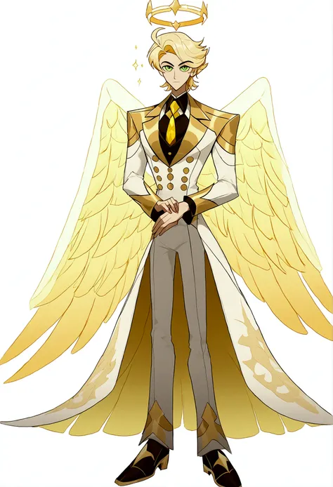 (masterpiece), best quality, expressive eyes, perfect face ,male focus, 1boy, solo, Blonde hair, medium hair, clean hair, tall, angel, heavenly host, Soldier, halo, green eyes, long sleeves, white suit, golden tie, golden shoulders, full body hazbin hotel
