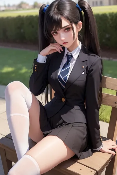 ((best quality), (hyper realistic), mh-yk, 1 girl, alone, black hair, brown eyes, long hair, wearing private university uniform, blue blazer style with buttons, tie and tight skirt followed by knee socks, , big, , twintails, plein-air, hair rings, looking ...