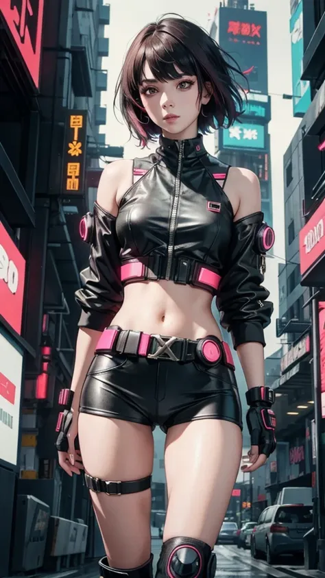 Best quality,Beautiful woman with medium hair, Cyberpunk-style short clothing