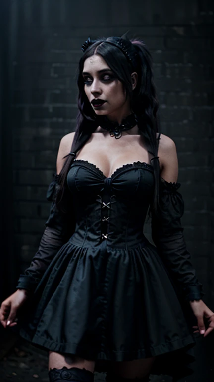 girl, (erotism:1.3), (gothic dress:1.3), highly detailed, black long hair pig tails, empress, black lipstick, Cinematic film still, hdr, cinematic lighting, (volumetric fog:0.7)