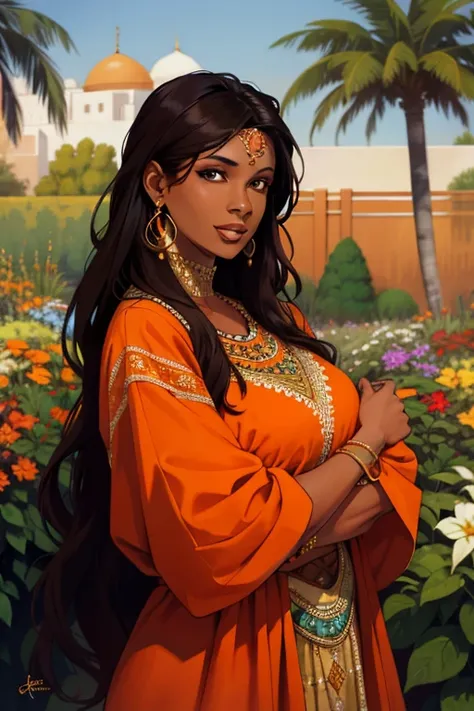 (ridiculous, high resolution, Super detailed, actual, ), 1 female, alone, woman, arab clothes, long dark hair, brown skin, dark eyes, extrovert, tall, orange clothes, garden, Upper body, jewelry, mature, full lips