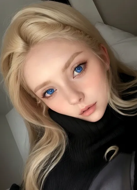 blonde woman with blue eyes and black sweater posing for a photo, yelena belova, blond hair and large eyes, olhos azuis e cabelo...