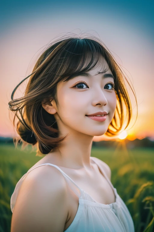 Japanese beautiful girl, ((Fisheye Lens, )) wind, sunset, Wheat field、, (Aesthetics and atmosphere:1.2),Smiling beautiful woman、8K、ultra HD、woman1 person((highest quality, 8K, masterpiece: 1.3)), woman (Wearing a white dress), Dancing,Sharp focus: 1.2, cut...