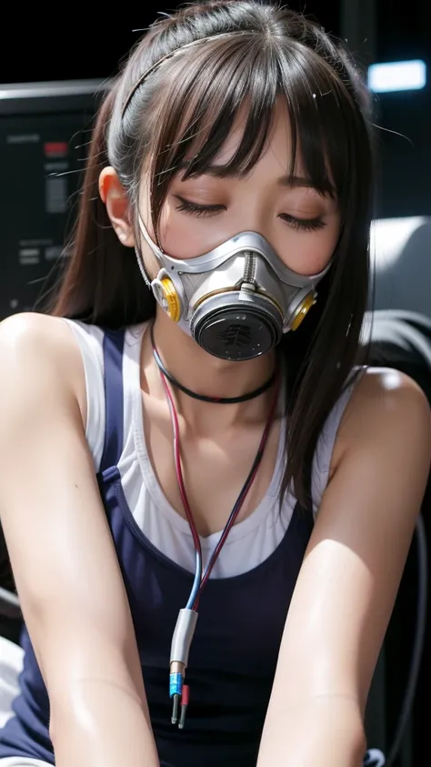 (((masterpiece))), (((Highest quality))), ((Very detailed)), (Highly detailed CG illustrations), ((close your eyes)), ((gas mask)), ((bare hands)) ((Very delicate and beautiful)),(Cute and delicate face),Cinematic Light,((1. Machine Girl)),alone,whole body...