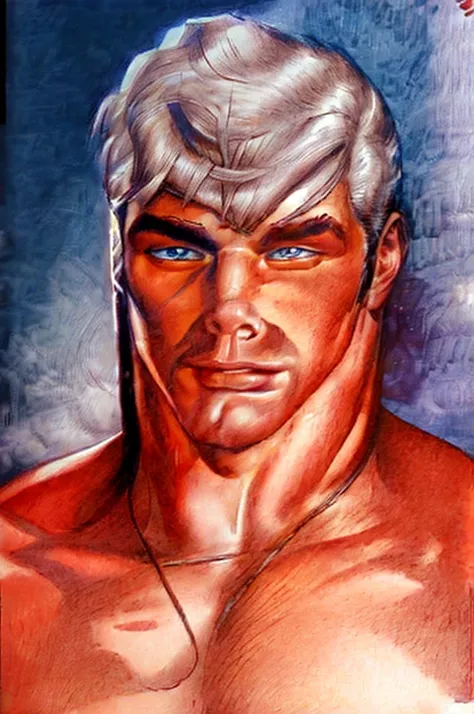 t0f, colored pencil drawing of a man,  muscular male, silver hair