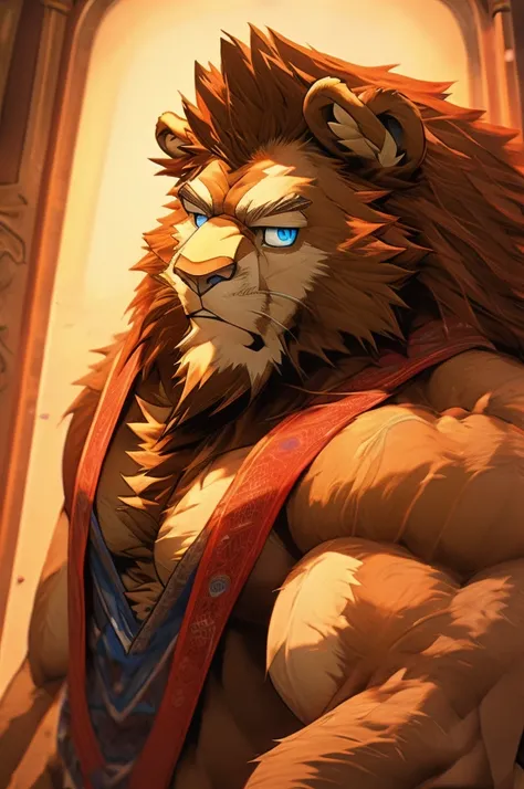 dad lion , hairy chest, bearded, Big , muscular, Big thighs, handsome, Red hair, light brown skin, erected, Heroic pose, muscular arms, Big muscular chest, detailed light blue eyes
