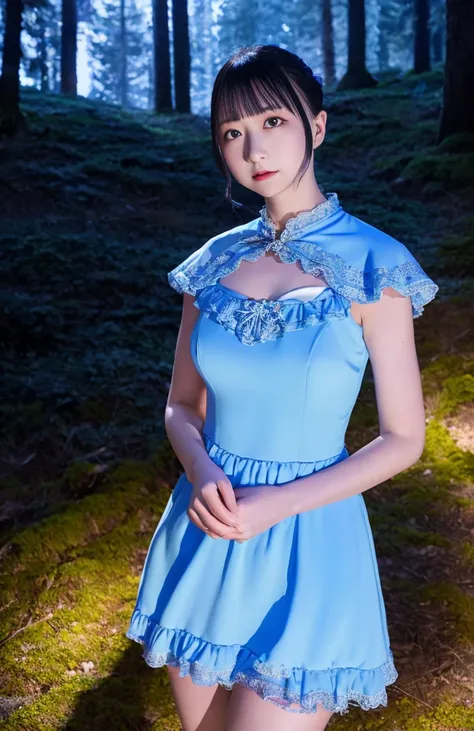 masutepiece, best quality, marianne_timeskip, blue dress, capelet, dark alpine forest, standing, night, looking up, upper body, ...