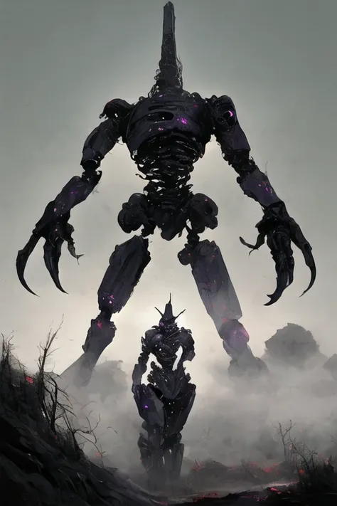 A monster made of compressed reddish-black parts and metal fragments.,Modern battle suit wearing armor(((detailed)))The shape is humanoid,Modern weapons,cyborg(((detailed)))The shape is made up of purple glowing hearts.(((detailed)))The skeleton is human-l...