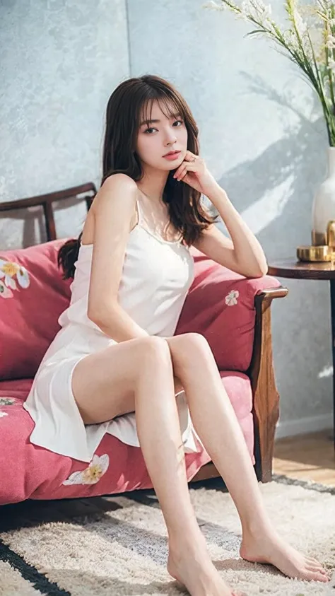 (((Highest quality,Very detailed,masterpiece,Very detailed))) ,(((Bend your knees))),loose breast,See-through,camisole,one piece,barefoot,One Girl,Realistic,Lying down,Bedroom、Looks sleepy