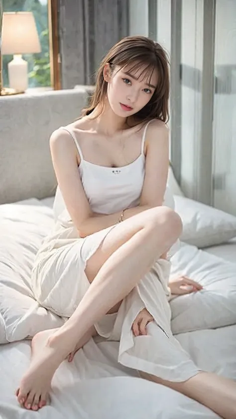 (((Highest quality,Very detailed,masterpiece,Very detailed))) ,(((Bend your knees))),loose breast,See-through,camisole,one piece,barefoot,One Girl,Realistic,Lying down,Bedroom、Looks sleepy