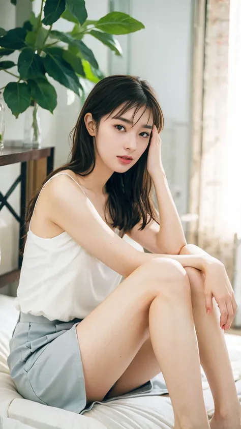 (((Highest quality,Very detailed,masterpiece,Very detailed))) ,(((Bend your knees))),loose breast,See-through,camisole,one piece,barefoot,One Girl,Realistic,Lying down,Bedroom、Looks sleepy