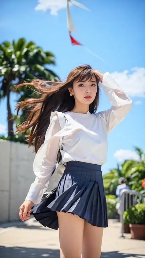 ((Viewing angle from below、Highest quality、masterpiece、32k、Every detail))、Descend the outdoor stairs、commute、Systemic manifestations、Traditional navy blue sailor uniform、White blouse、Pleated skirt、(((A strong wind blows my hair and skirt away:1.62)))、((I a...