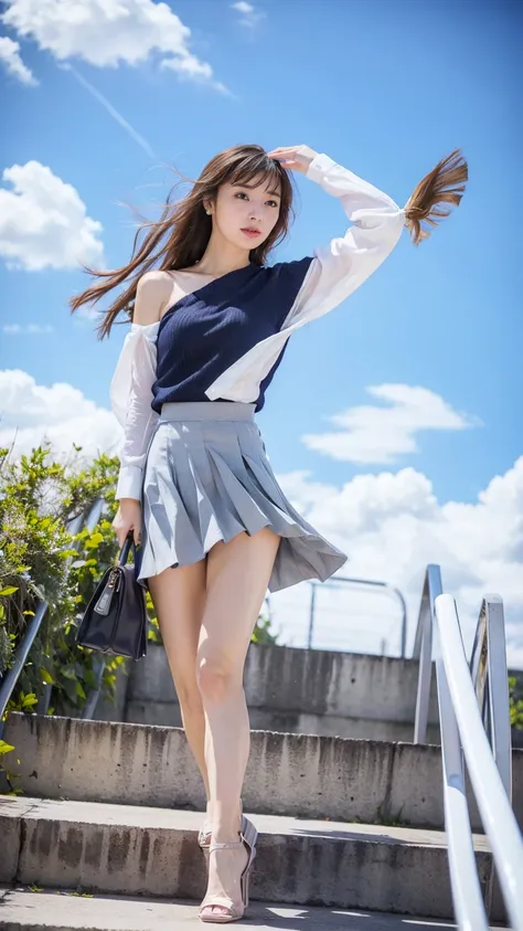 ((Viewing angle from below、Highest quality、masterpiece、32k、Every detail))、Descend the outdoor stairs、commute、Systemic manifestations、Traditional navy blue sailor uniform、White blouse、Pleated skirt、(((A strong wind blows my hair and skirt away:1.62)))、((I a...