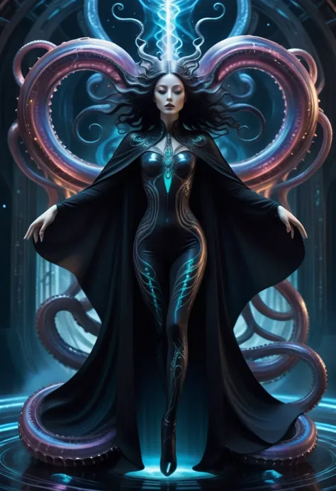 a beautiful void goddess, void elemental woman floating in the void dimension, dramatic poses, ghostly lovecraftian tentacles, i...